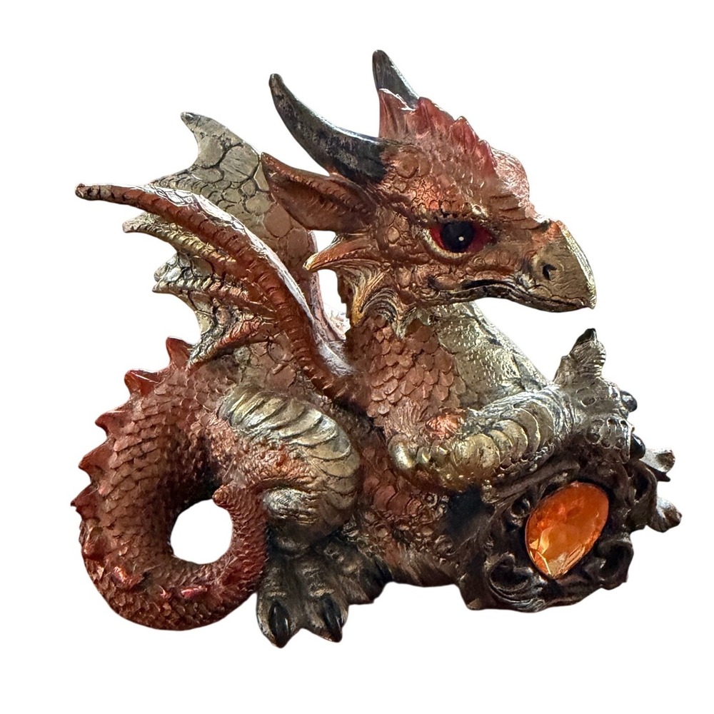 Copper Gold Dragon Figurine Mythical Statue with Orange Gemstone Fantasy Decor